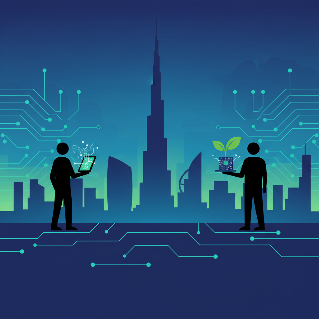 UAE skyline with AI and Startup symbols, representing the rise of tech startups in the UAE