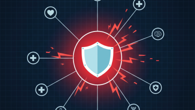 The image a digital health system in the form of a stylized, interconnected web of medical icons an