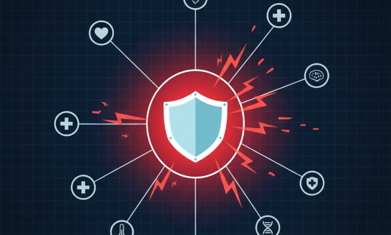 The image a digital health system in the form of a stylized, interconnected web of medical icons an