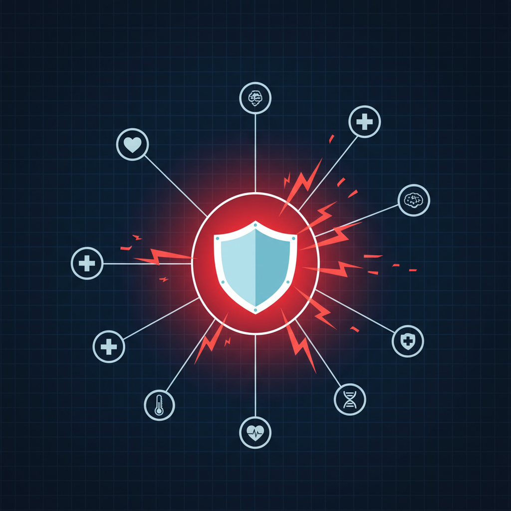 The image a digital health system in the form of a stylized, interconnected web of medical icons an